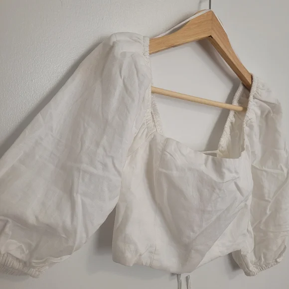 NWT Dynamite Nya Blouse White Puff Sleeve Square Neck Crop Top Linen Cotton XS - Picture 2 of 8